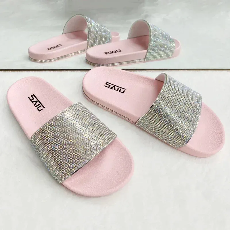 AMOZAE- - Bling Rhinestone Slides Fashionable Flat Sandals for Women's Summer Style