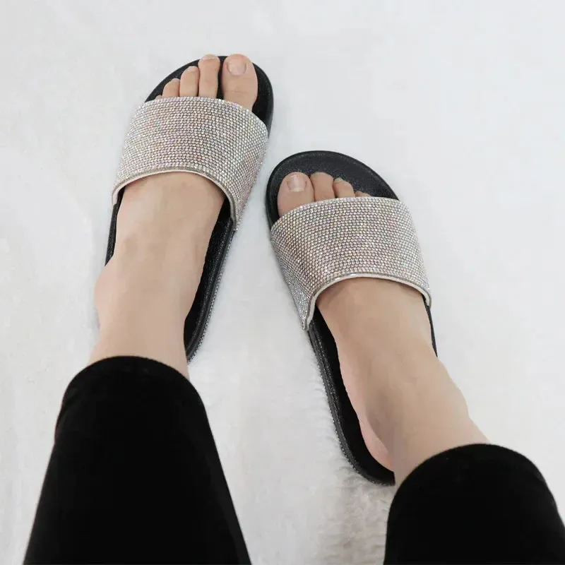 AMOZAE- - Bling Rhinestone Slides Fashionable Flat Sandals for Women's Summer Style