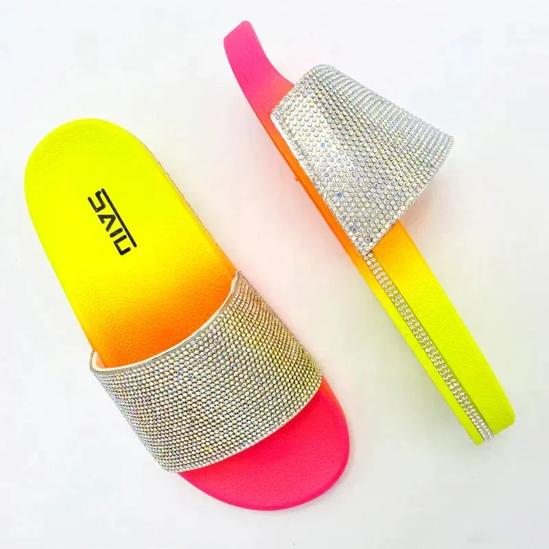 AMOZAE- - Bling Rhinestone Slides Fashionable Flat Sandals for Women's Summer Style