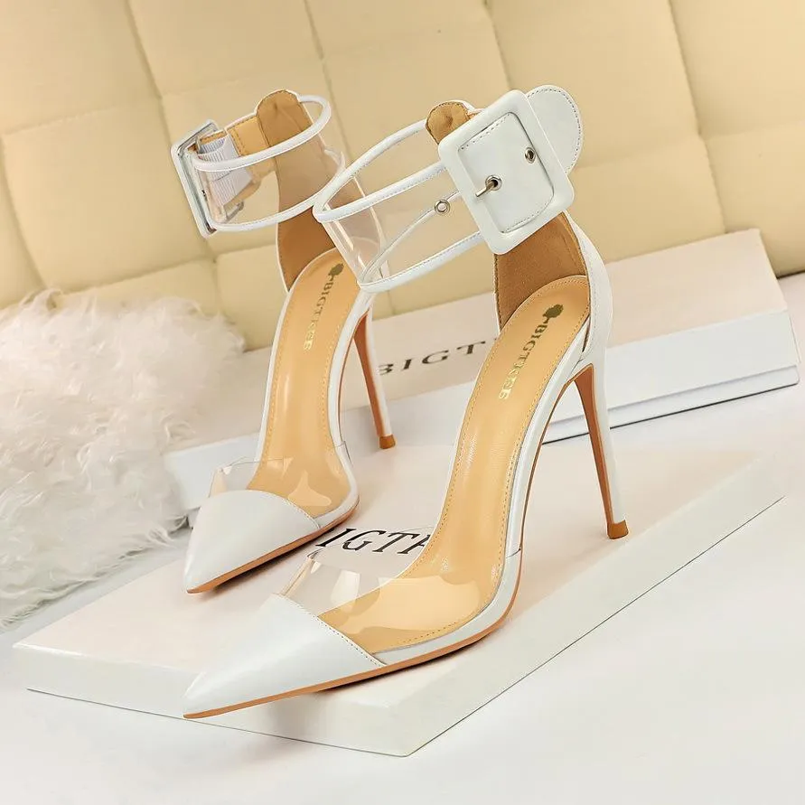 Chicvane Womens Clear Ankle Strap Adjustable Buckle Pointed Toe Stiletto Heel Bridal Heels