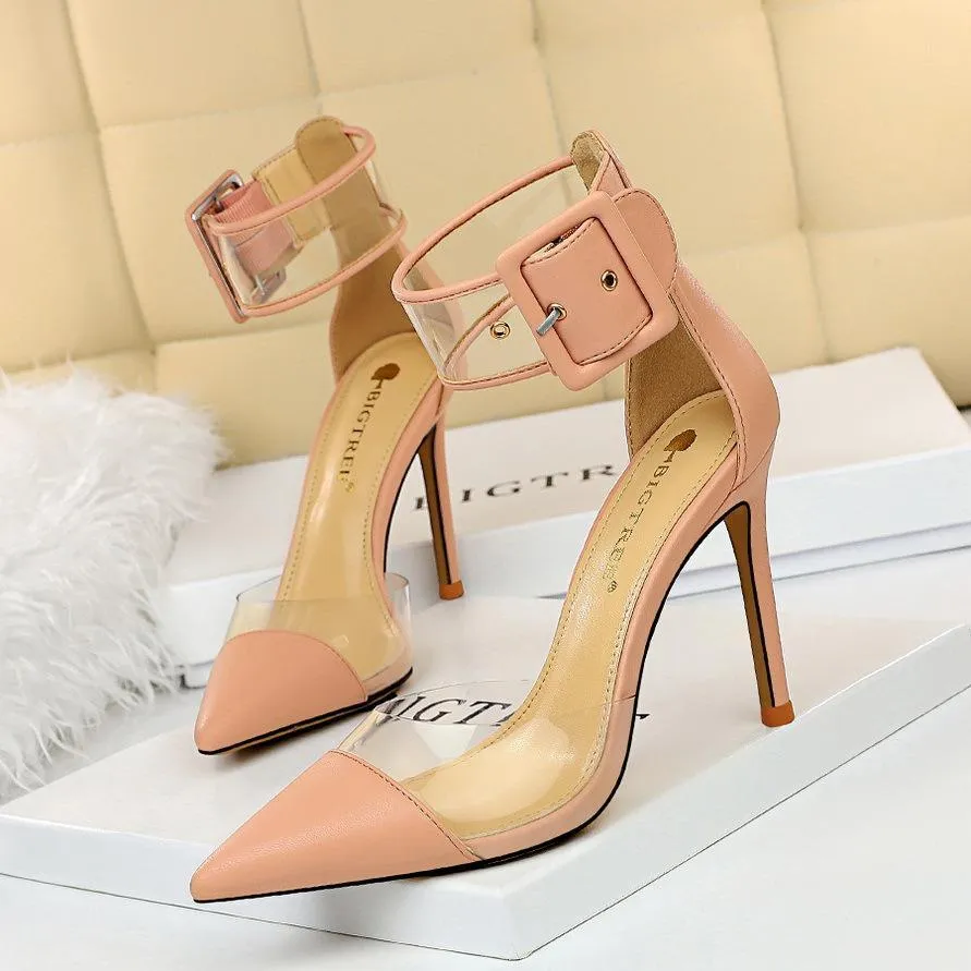 Chicvane Womens Clear Ankle Strap Adjustable Buckle Pointed Toe Stiletto Heel Bridal Heels