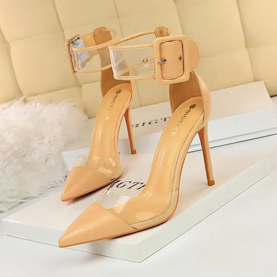 Chicvane Womens Clear Ankle Strap Adjustable Buckle Pointed Toe Stiletto Heel Bridal Heels