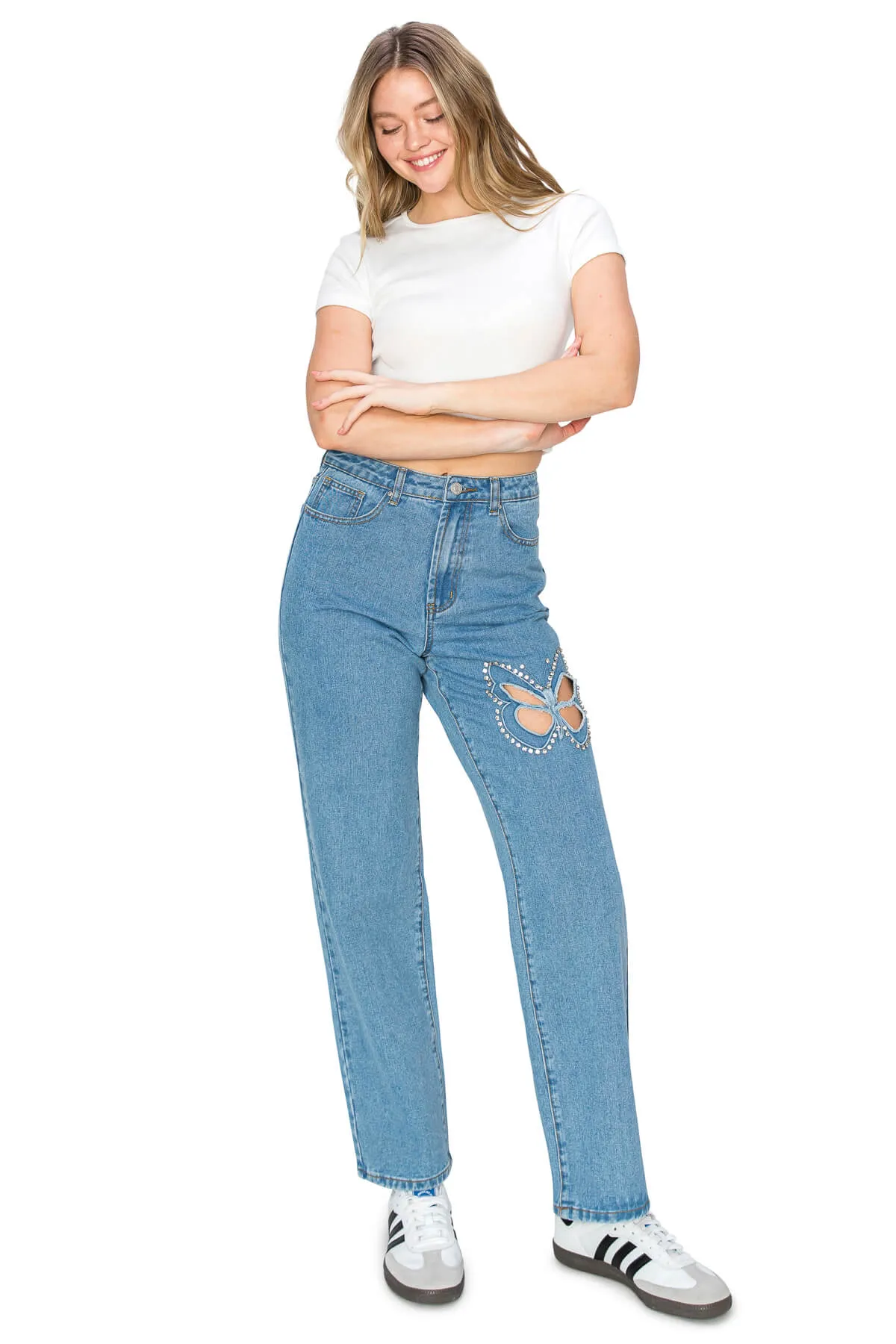 Embellished Straight Leg Jeans - Light Wash