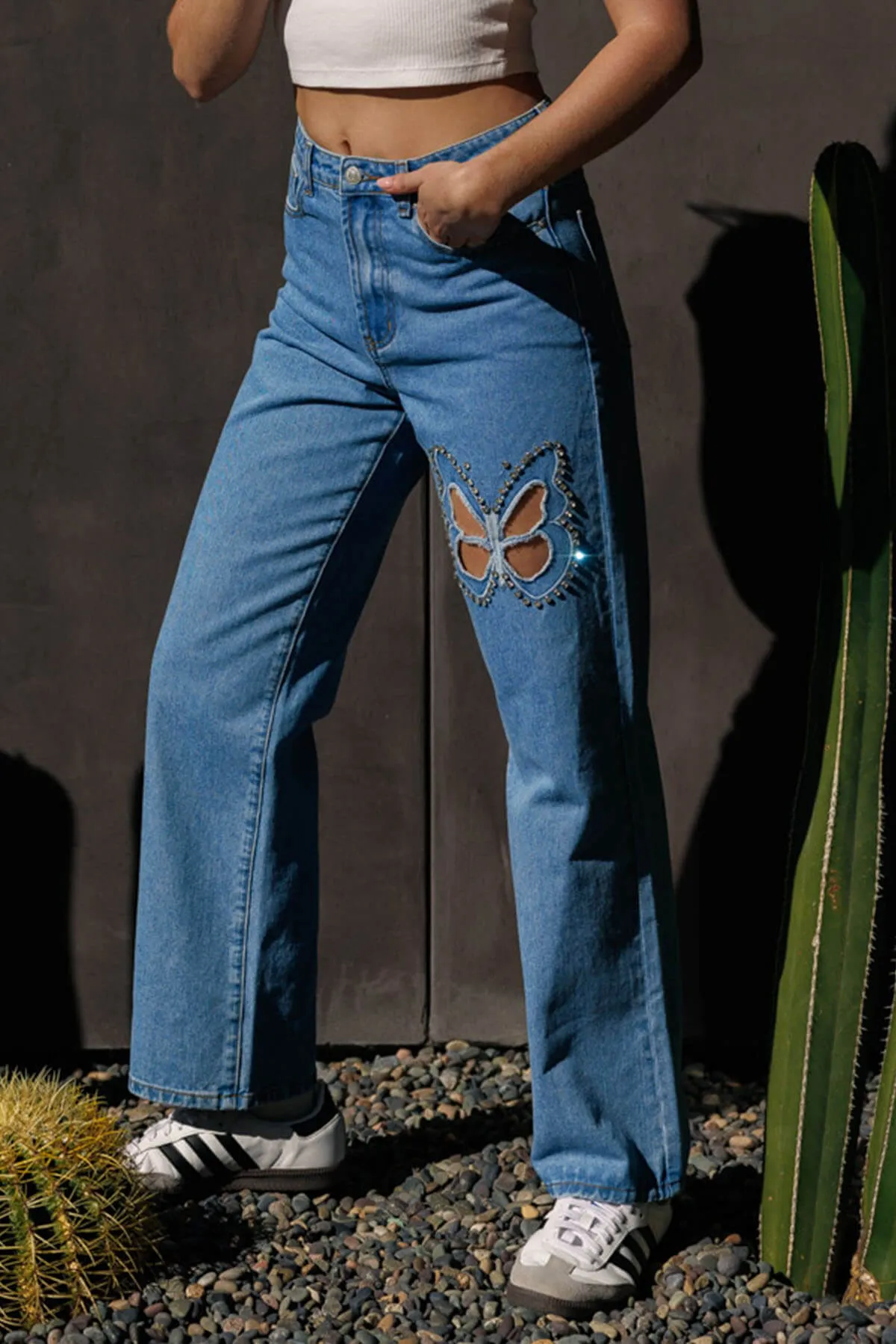 Embellished Straight Leg Jeans - Light Wash