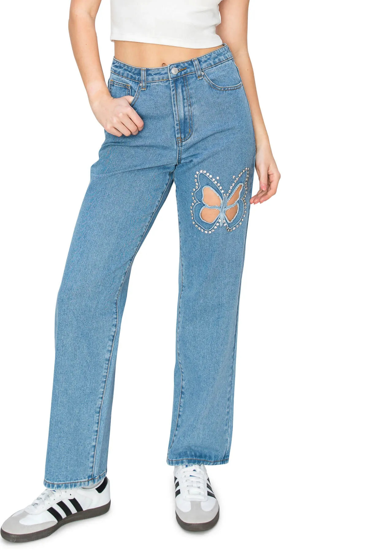 Embellished Straight Leg Jeans - Light Wash