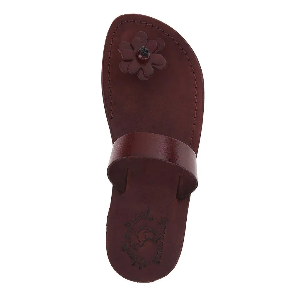 Esther - Leather Flower Flip Flops | Brown