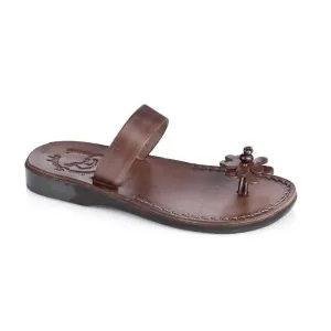 Esther - Leather Flower Flip Flops | Brown