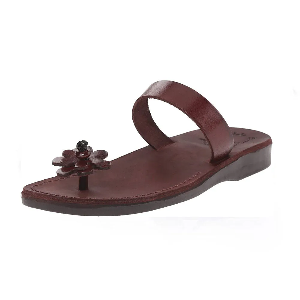 Esther - Leather Flower Flip Flops | Brown