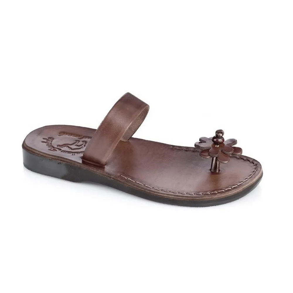 Esther - Leather Flower Flip Flops | Brown