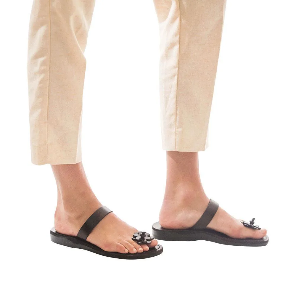 Esther - Leather Flower Flip Flops | Brown