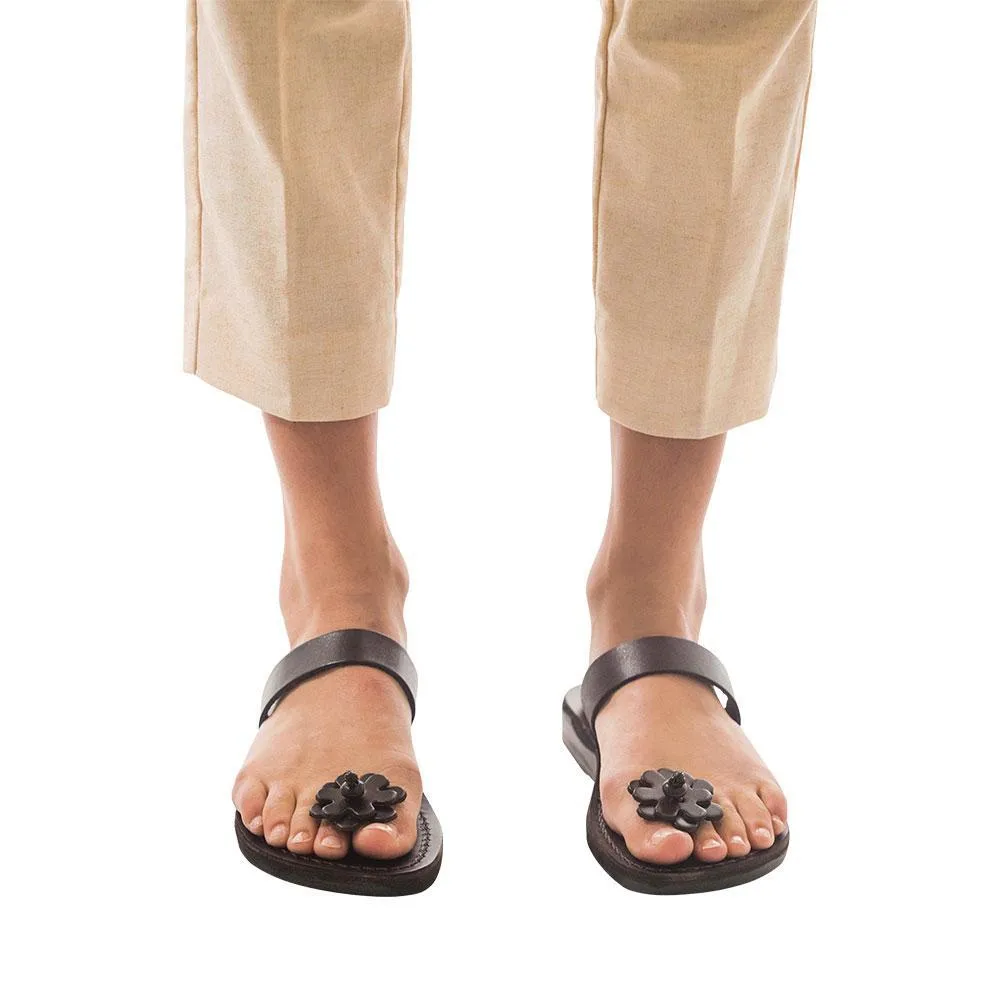 Esther - Leather Flower Flip Flops | Brown