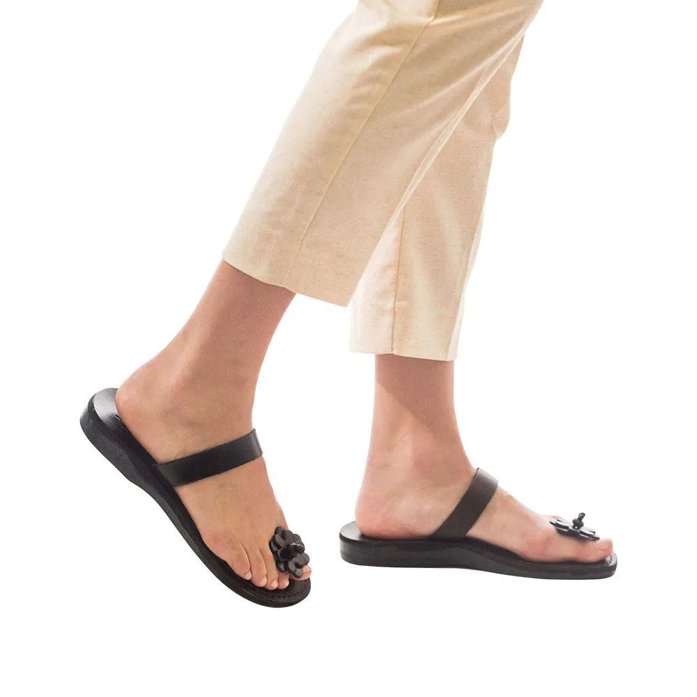 Esther - Leather Flower Flip Flops | Brown