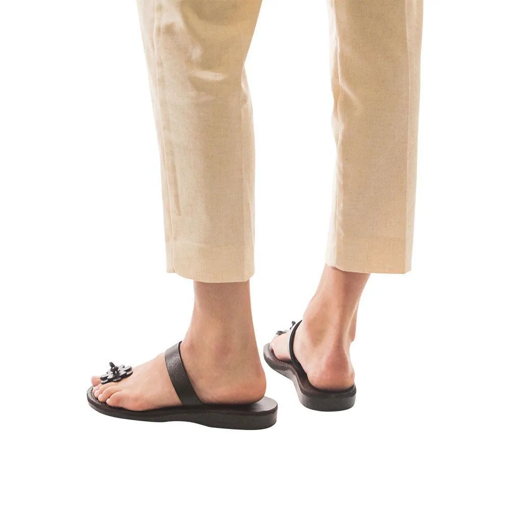 Esther - Leather Flower Flip Flops | Brown