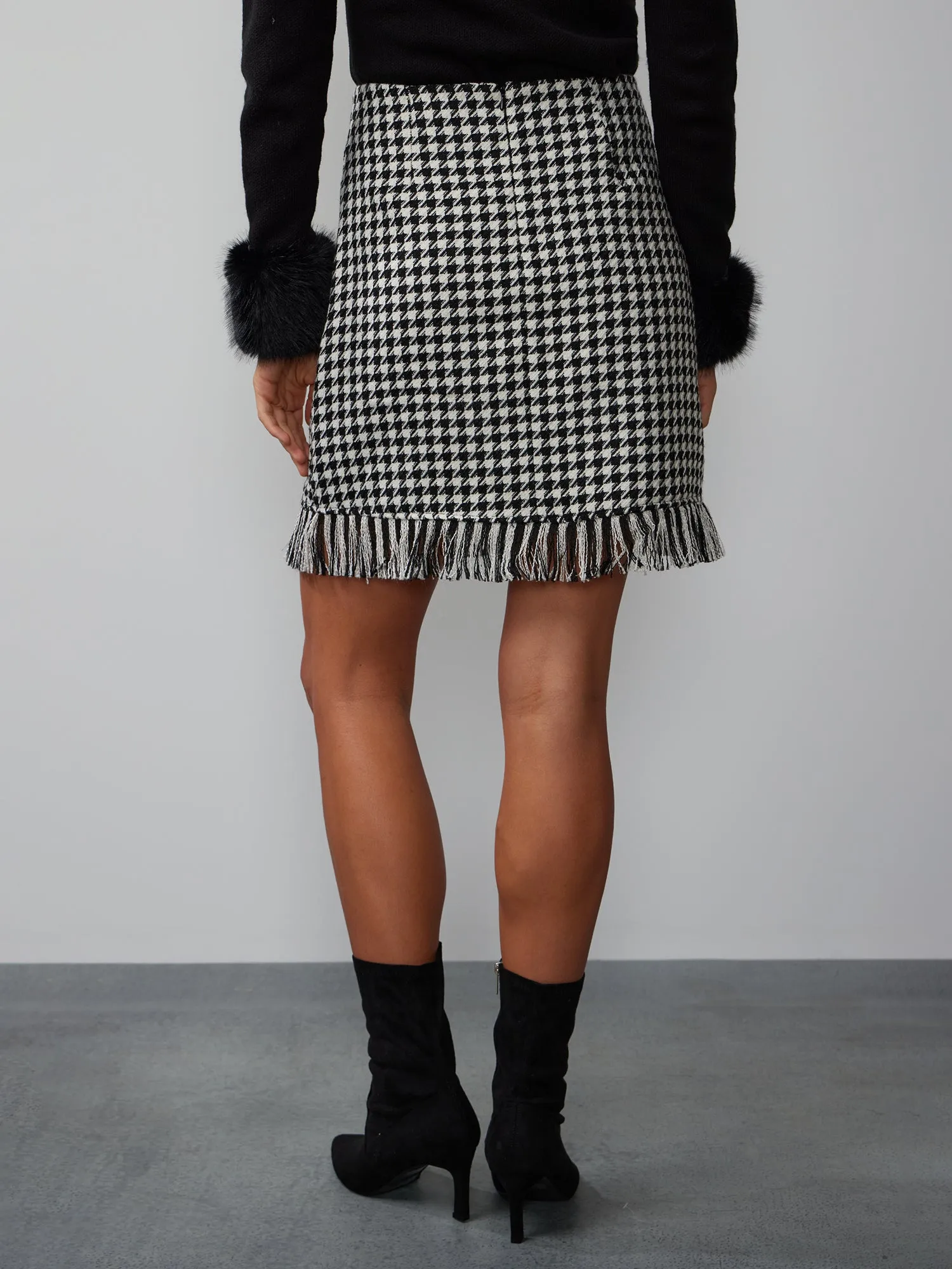 Fringe Hem Houndstooth Tweed Mini Skirt
