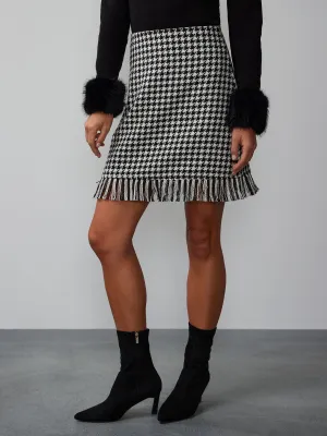Fringe Hem Houndstooth Tweed Mini Skirt