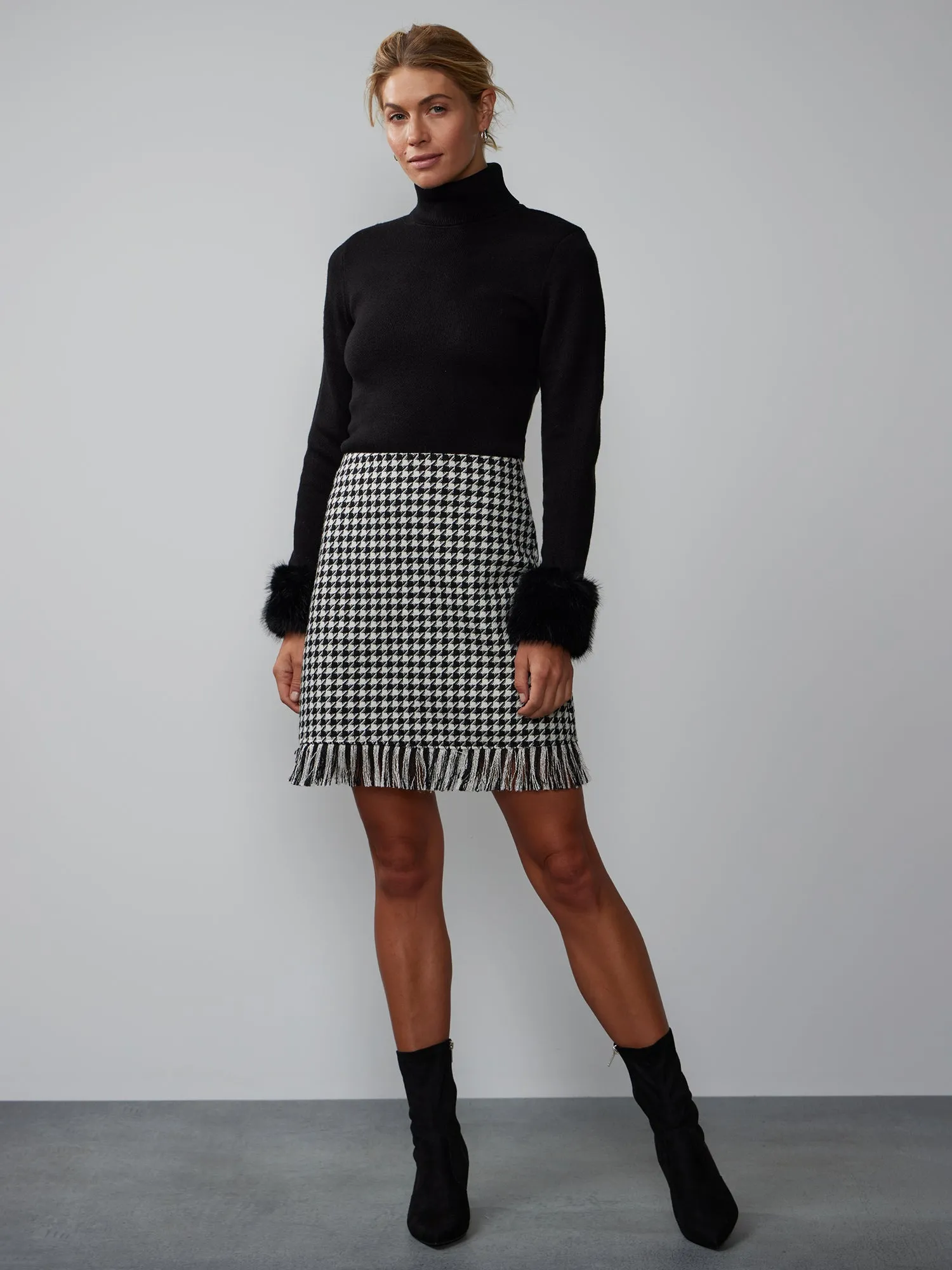 Fringe Hem Houndstooth Tweed Mini Skirt