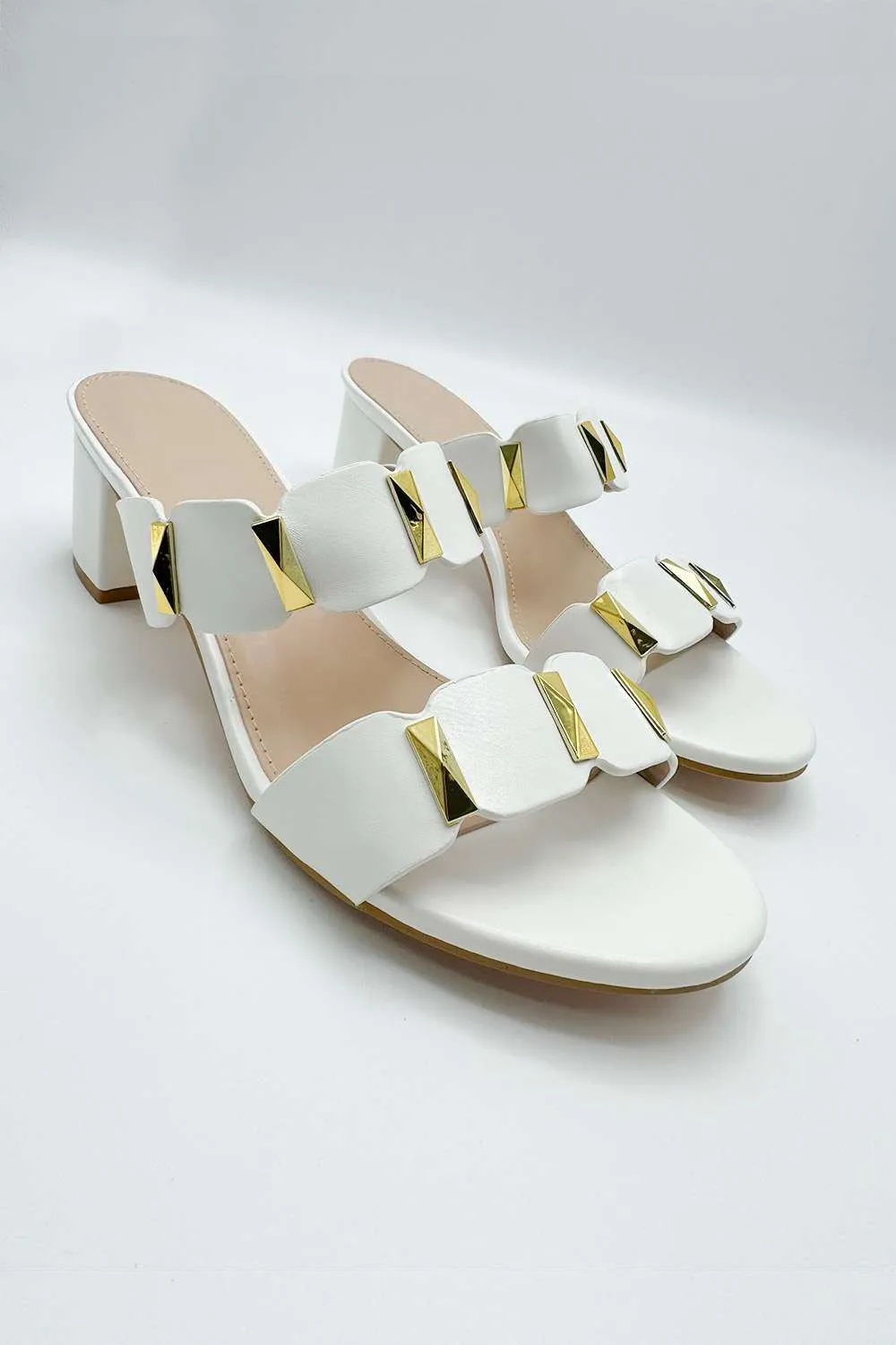 Kolee Stud Detail Block Heel Mules in White