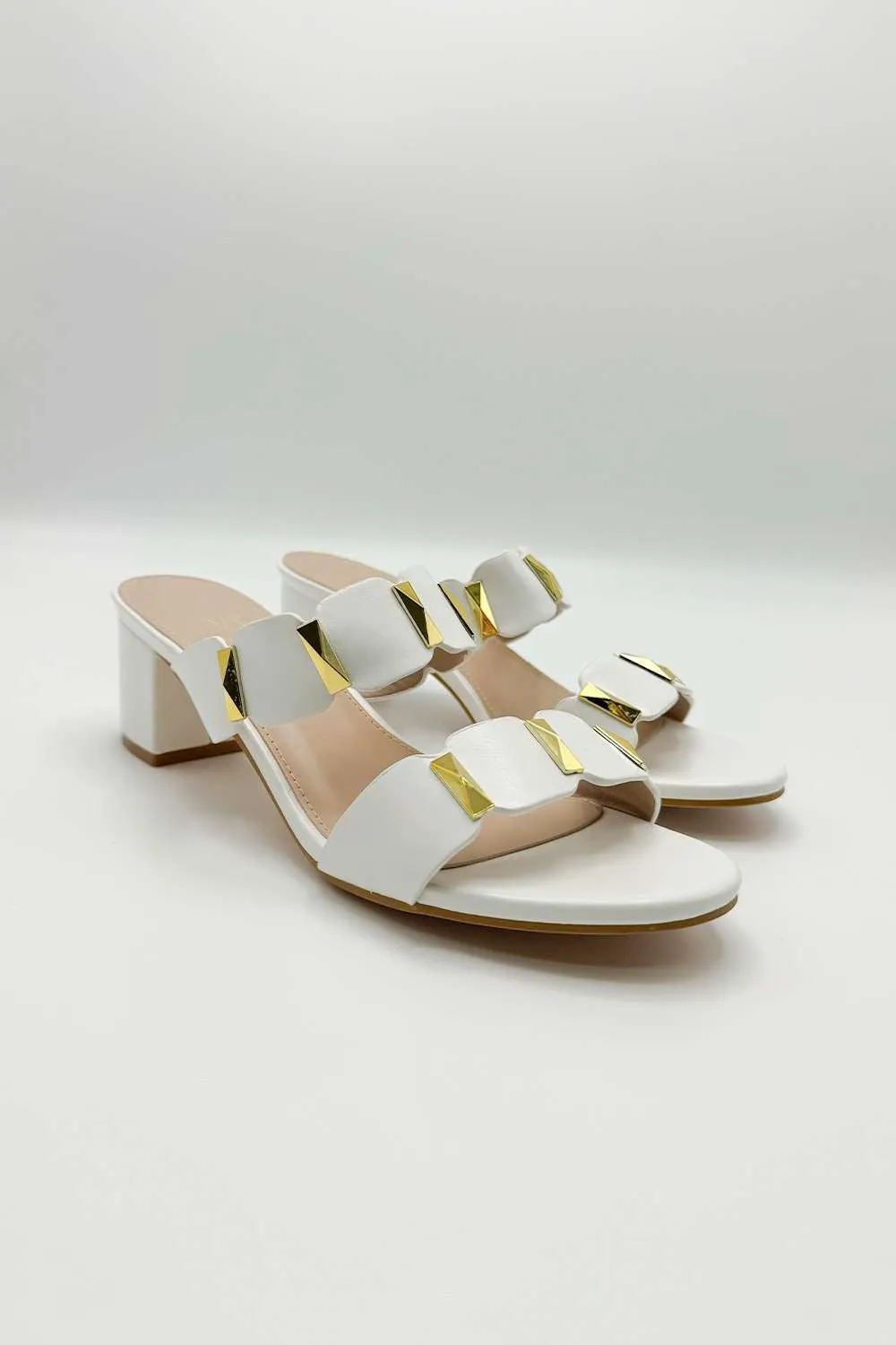Kolee Stud Detail Block Heel Mules in White