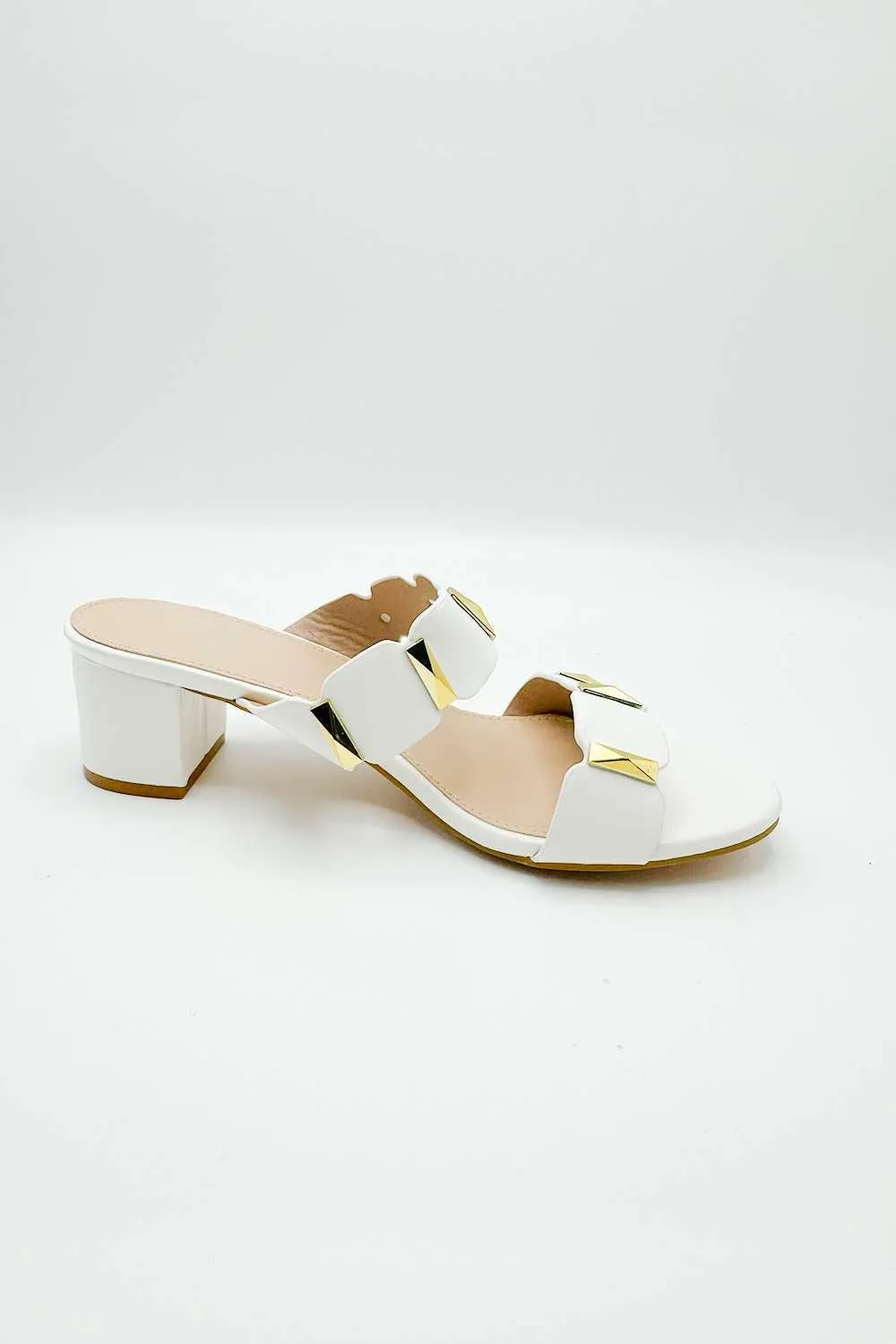 Kolee Stud Detail Block Heel Mules in White