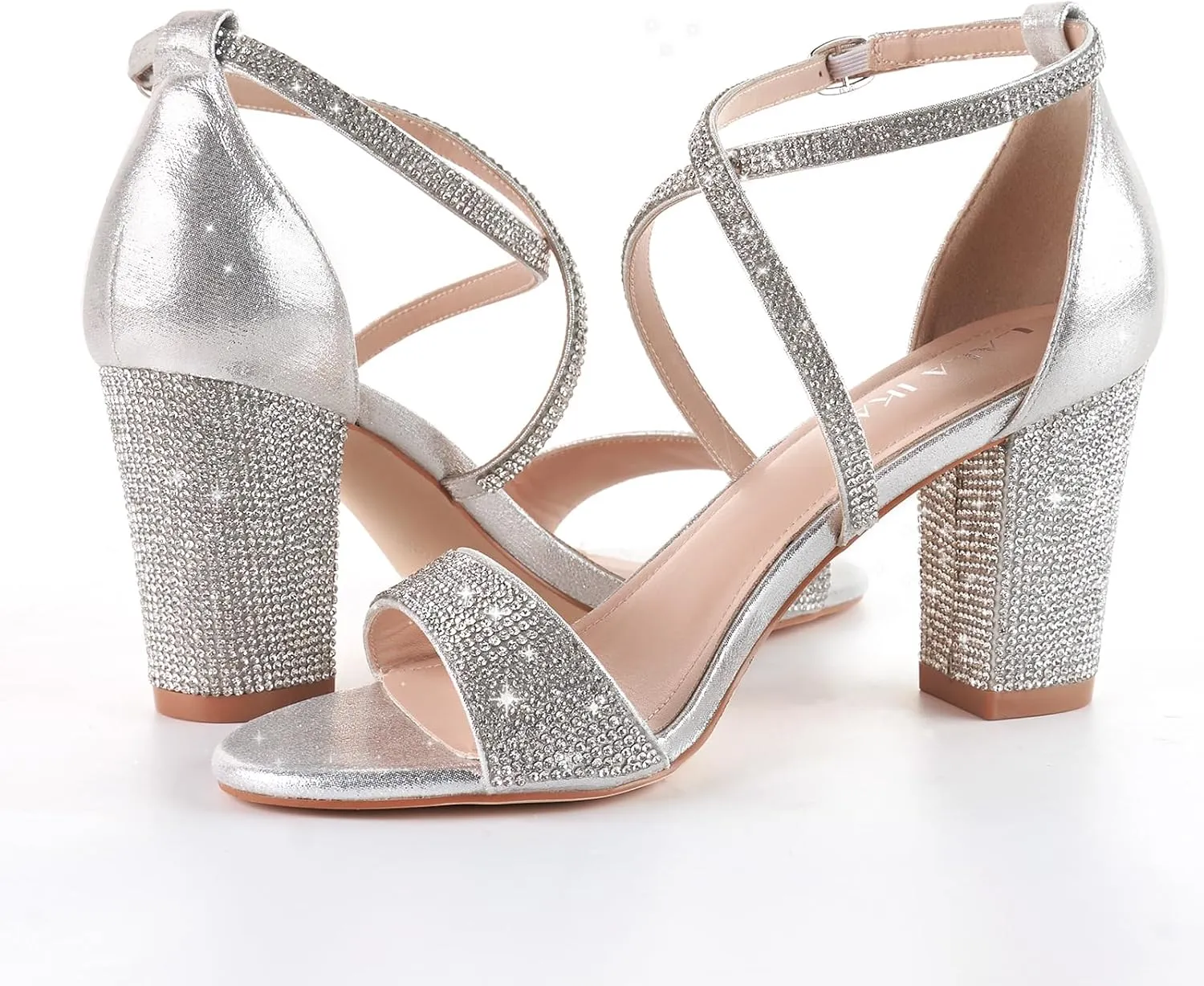 LALA IKAI Womens Ankle Strap Heels Chunky Block Rhinestone Sandals 3 Inch Open Toe Heels Party Wedding Prom Shoes