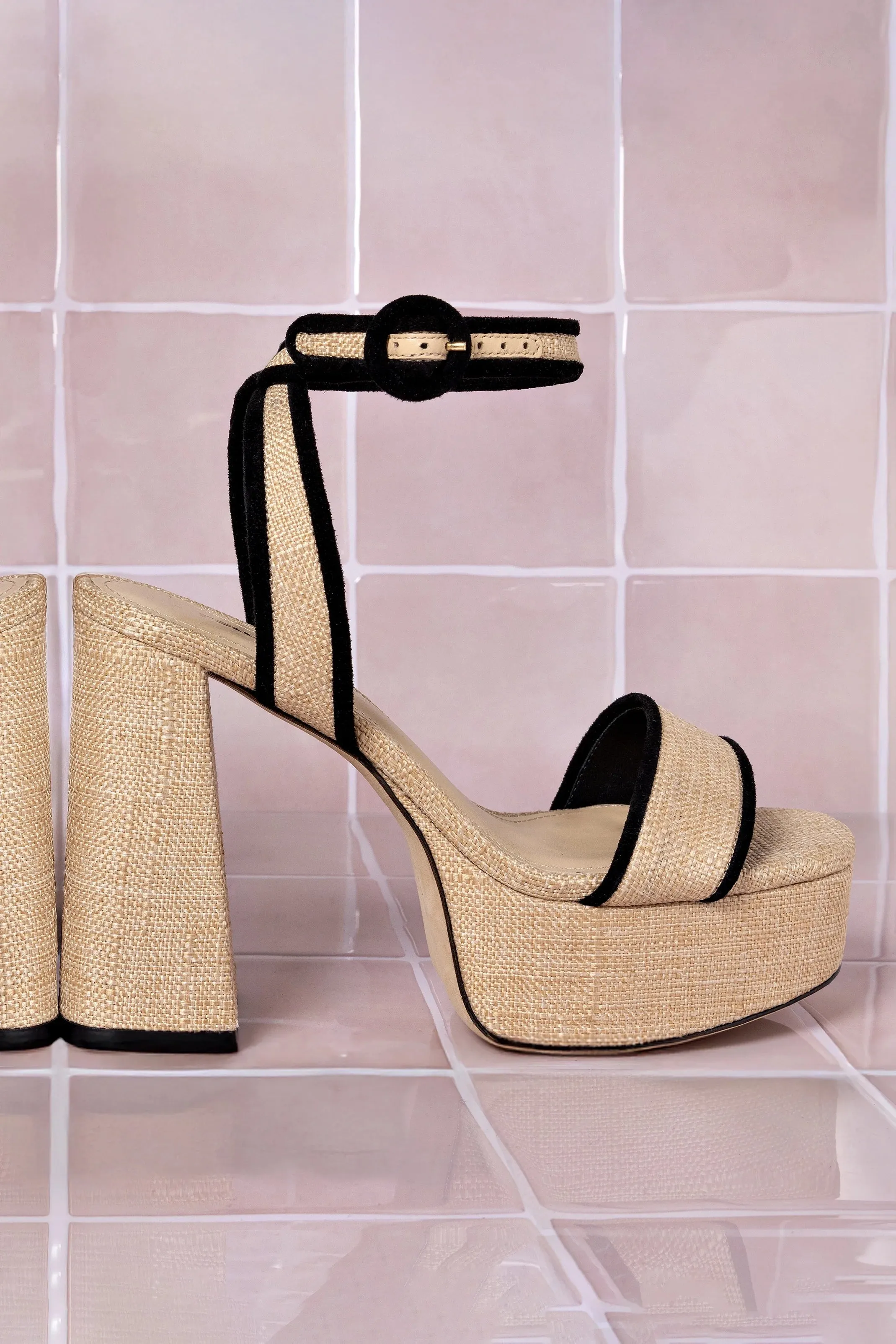 LARROUDE | Dolly Sandal In Beige Raffia and Black Trimming