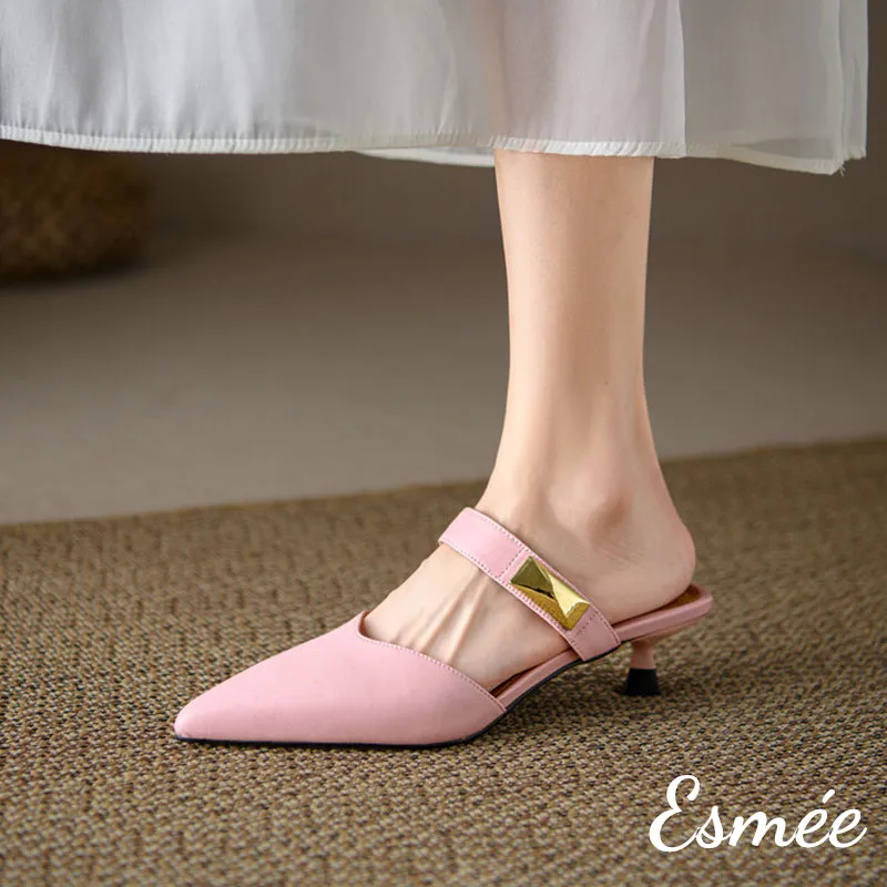 Leather High Heel Mules with Metal Buckle Design