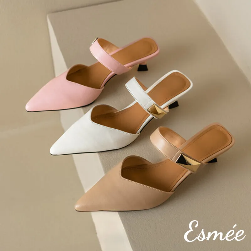 Leather High Heel Mules with Metal Buckle Design