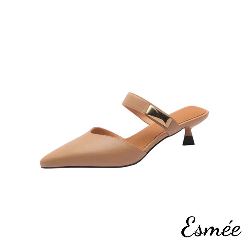 Leather High Heel Mules with Metal Buckle Design