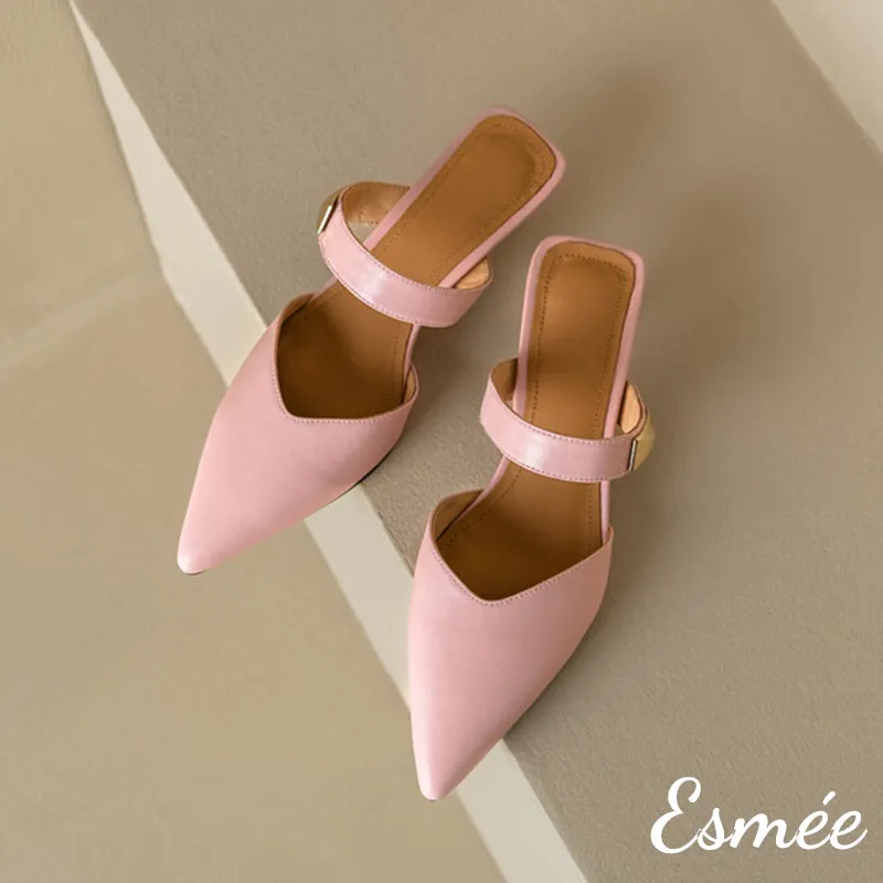Leather High Heel Mules with Metal Buckle Design