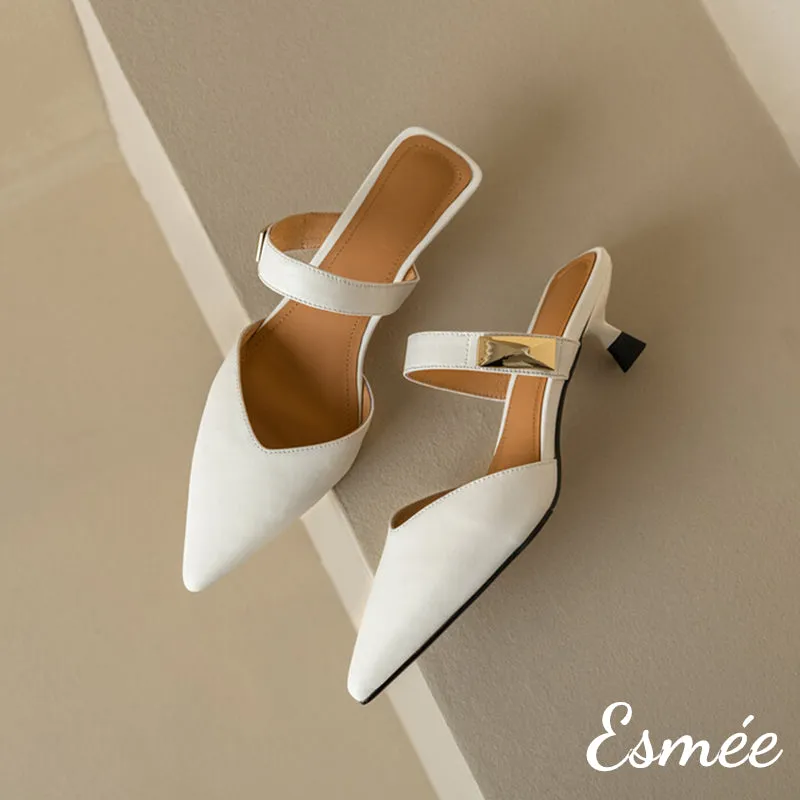 Leather High Heel Mules with Metal Buckle Design