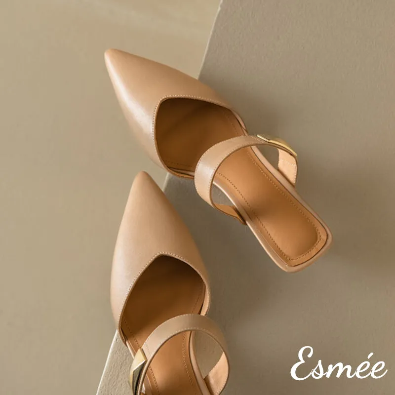 Leather High Heel Mules with Metal Buckle Design