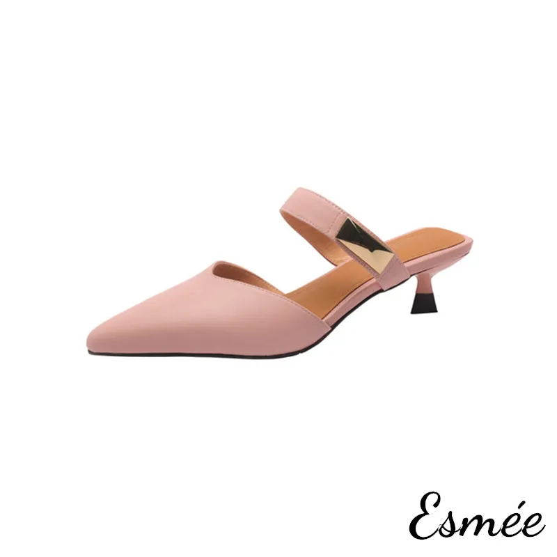 Leather High Heel Mules with Metal Buckle Design