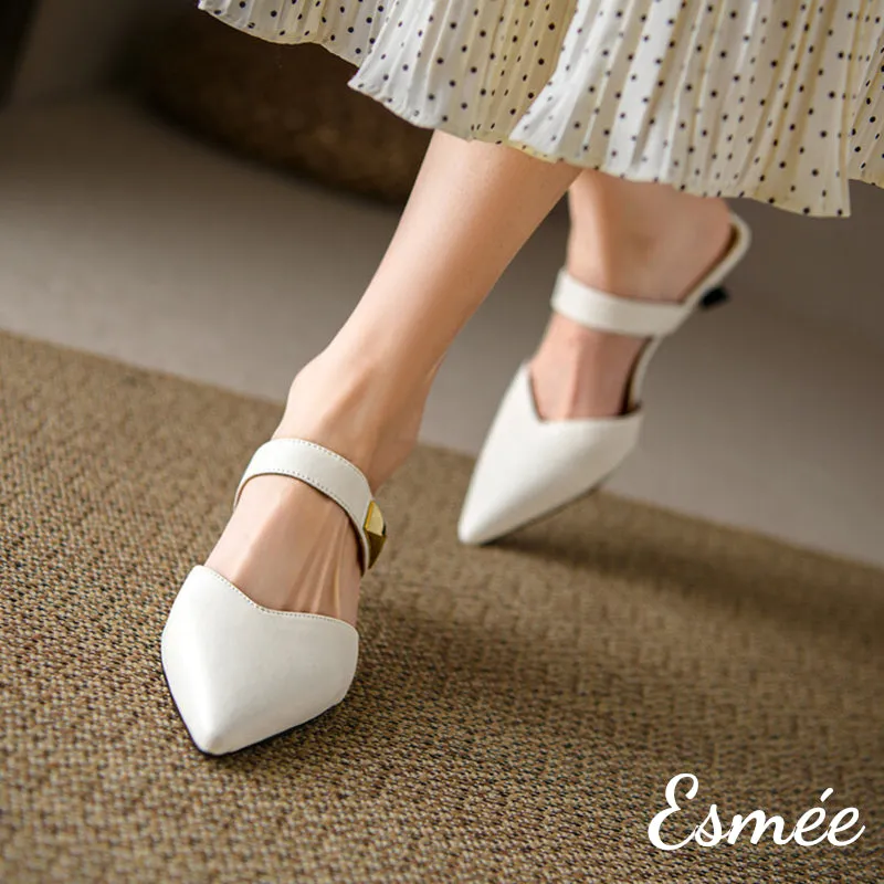 Leather High Heel Mules with Metal Buckle Design