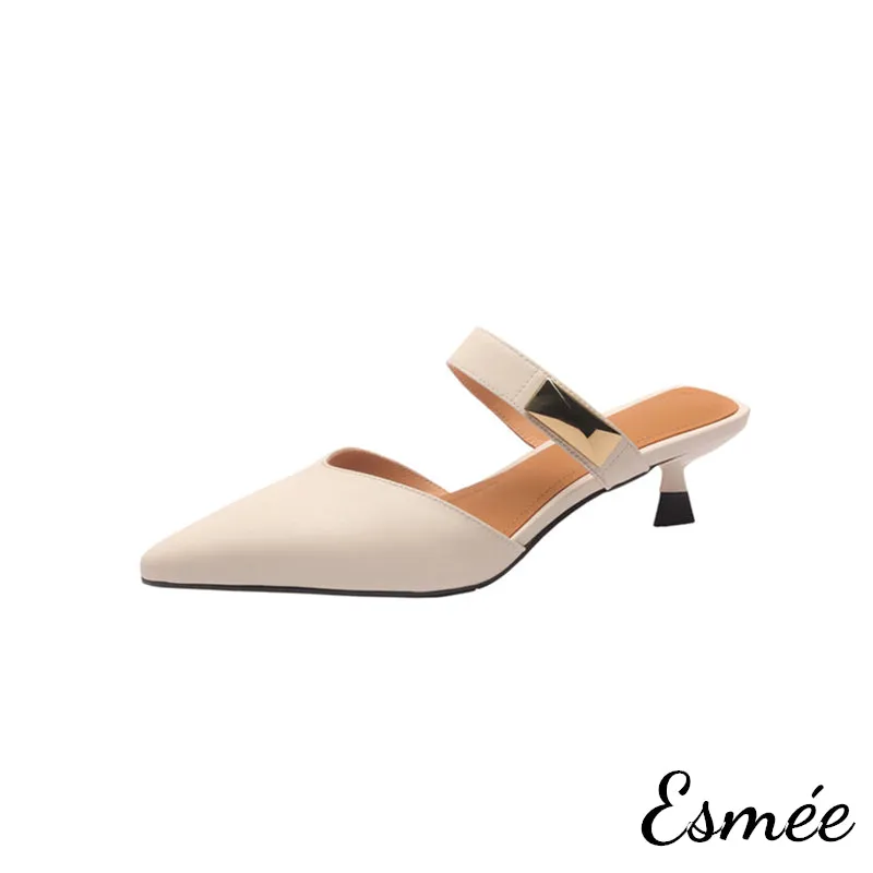 Leather High Heel Mules with Metal Buckle Design