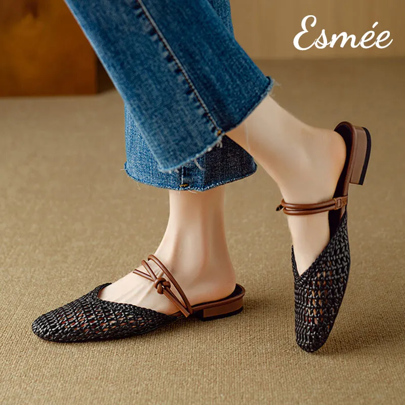 Leather Mules with Net Design and Double Straps