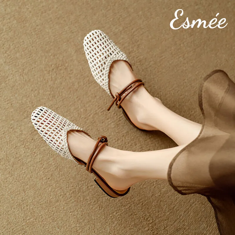Leather Mules with Net Design and Double Straps
