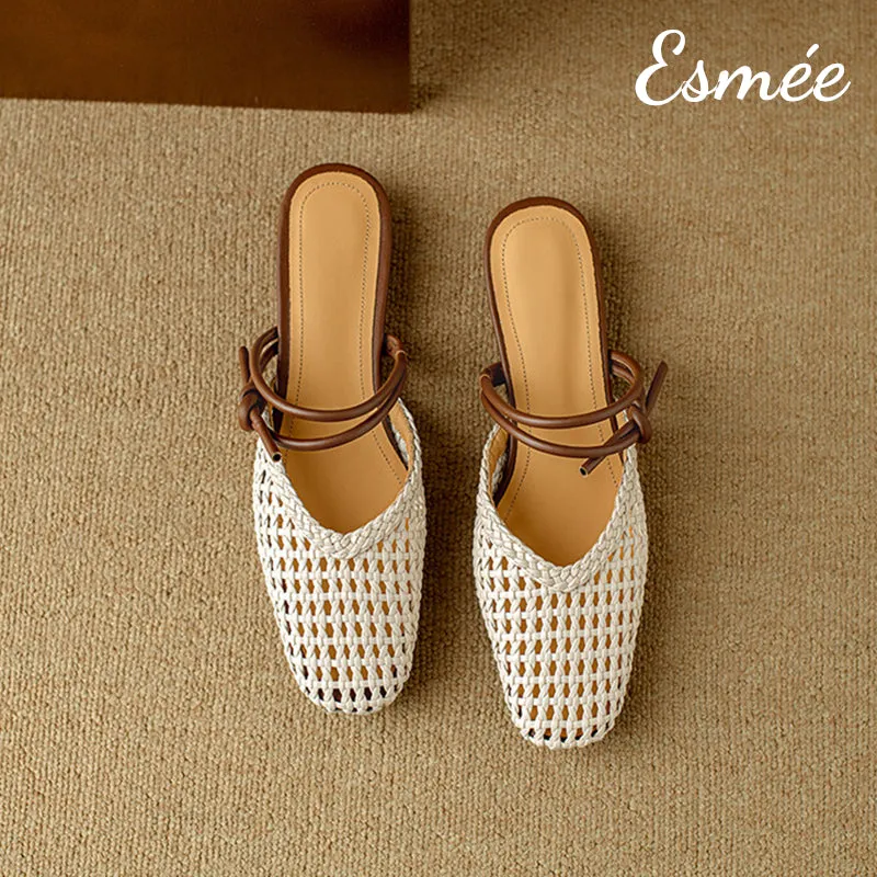 Leather Mules with Net Design and Double Straps