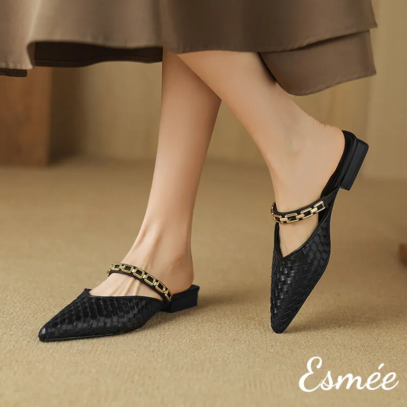 Leather Mules with Woven and Golden Chain Design