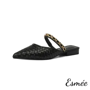 Leather Mules with Woven and Golden Chain Design
