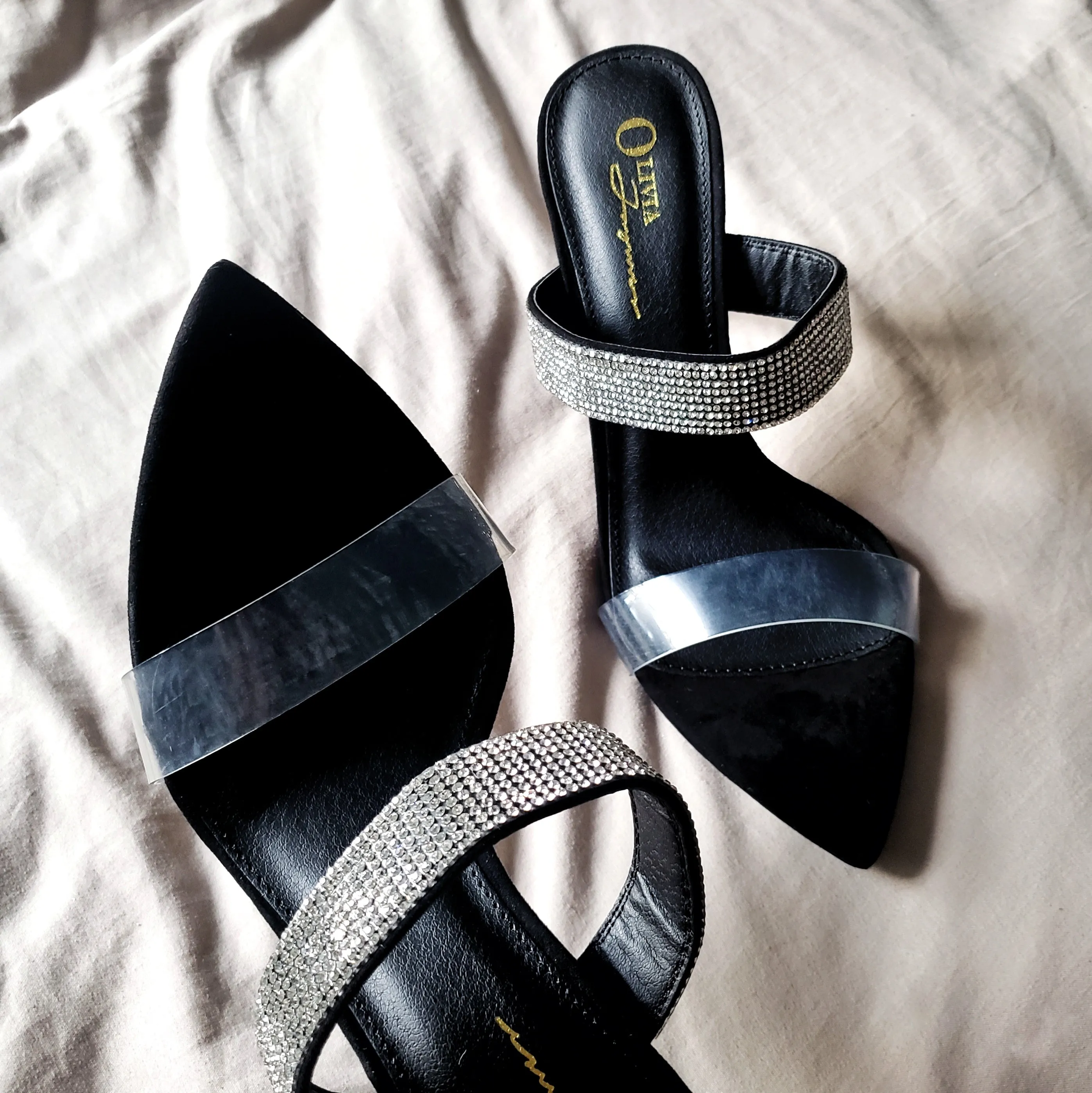 Olivia Jaymes Rhinestone Detail Clear Band Pointy Toe Mule Heels- Dali