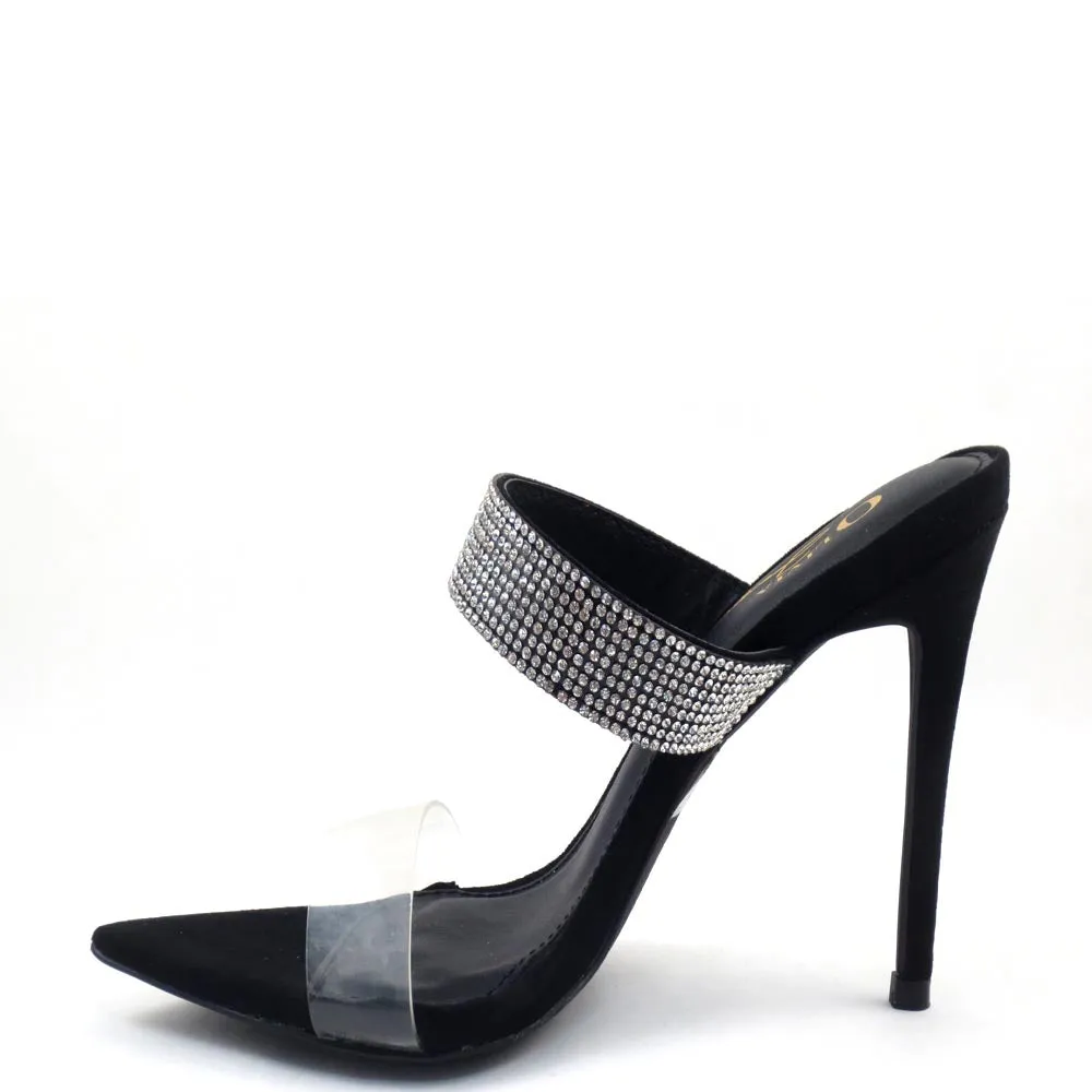 Olivia Jaymes Rhinestone Detail Clear Band Pointy Toe Mule Heels- Dali
