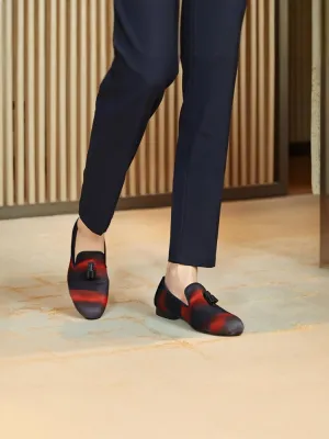 Red and black mixed color imported velvet men's handmade loafers European and American party nightclub slip-on cowhide tassel shoes