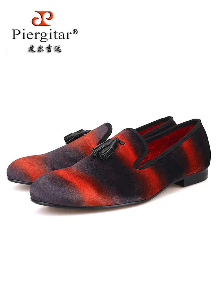 Red and black mixed color imported velvet men's handmade loafers European and American party nightclub slip-on cowhide tassel shoes