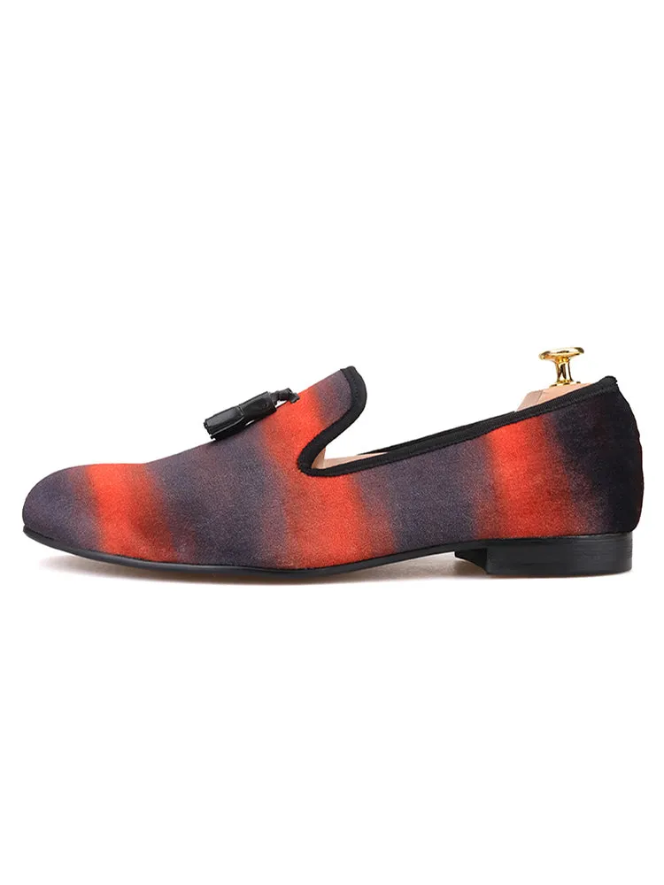 Red and black mixed color imported velvet men's handmade loafers European and American party nightclub slip-on cowhide tassel shoes