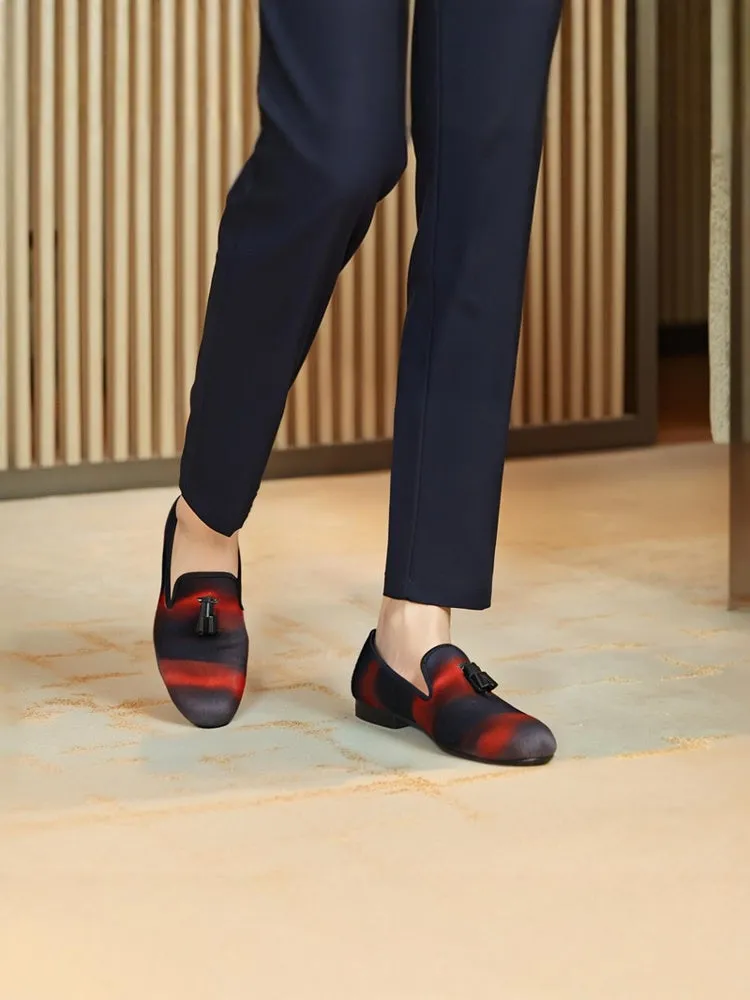 Red and black mixed color imported velvet men's handmade loafers European and American party nightclub slip-on cowhide tassel shoes