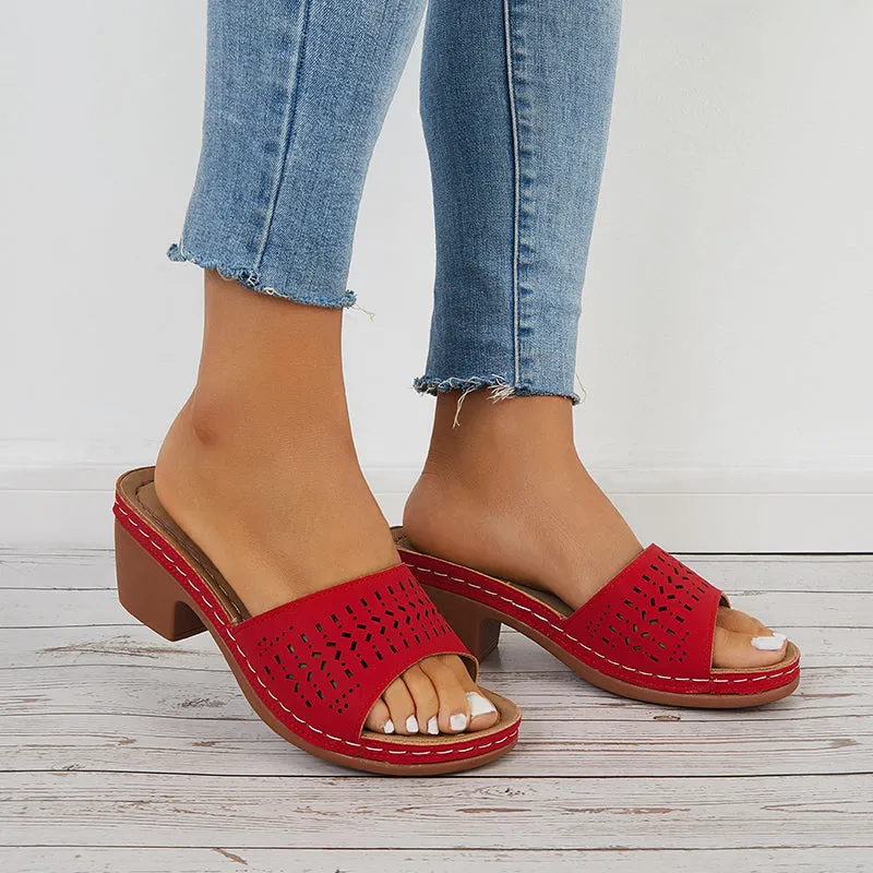 Sohiwoo  Hollow Chunky Block Heel Mules Open Toe Slide Sandals