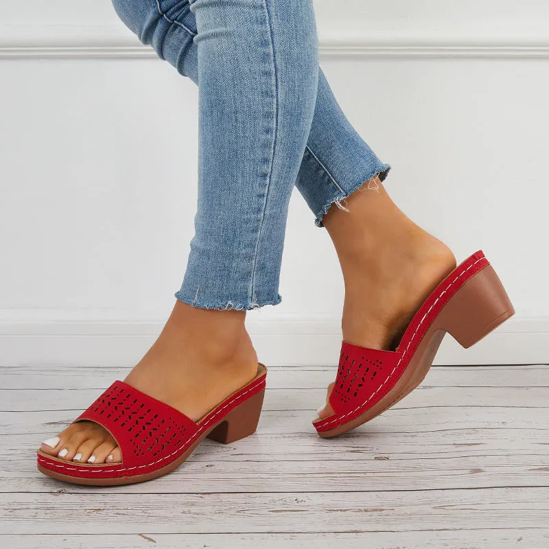 Sohiwoo  Hollow Chunky Block Heel Mules Open Toe Slide Sandals
