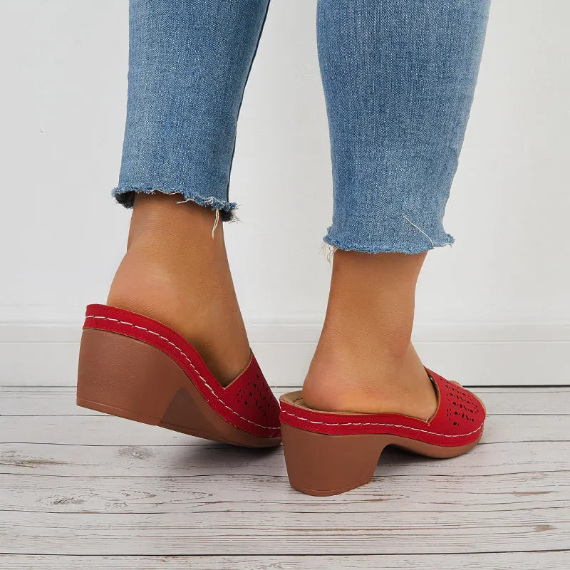 Sohiwoo  Hollow Chunky Block Heel Mules Open Toe Slide Sandals