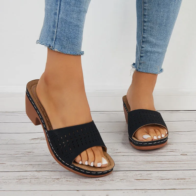 Sohiwoo  Hollow Chunky Block Heel Mules Open Toe Slide Sandals