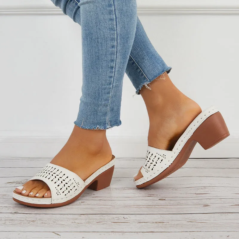 Sohiwoo  Hollow Chunky Block Heel Mules Open Toe Slide Sandals